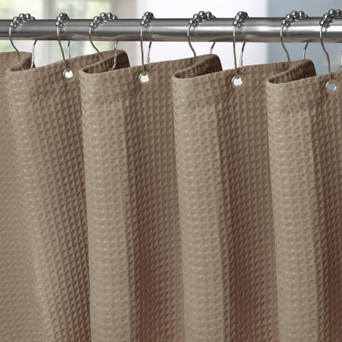 VANZAVANZU Waffel Duschvorhang mit Metall Duschvorhangringe Stoff Textil Badewannenvorhang Anti Schimmel Bad Vorhang Set Wasserdicht Schwerer Badewanne Vorhang - 122 x 182cm (Khaki)