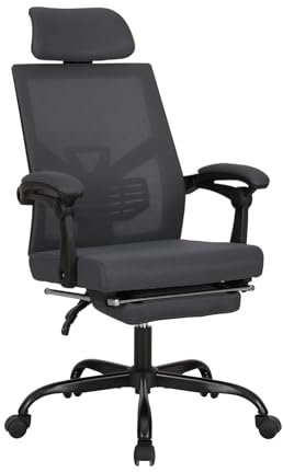 UEV Ergonomisch Bürostuhl aus Mesh, Schreibtischstuhl mit Fußstütze, Drehstuhl mit Verstellbarer Kopfstütze Lendenwirbelstütze, höhenverstellbar neigbar bis 135°, atmungsaktiver Stoff, Grau