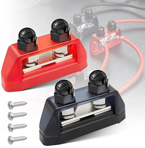 RED WOLF Dual Stud Bus Bar 12-48V Power Distribution Block Holder 250A DC MAX, Battery Terminal Junction Dual Power Stud Busbar for Car Marine Boat Red & Black w/Screws (M8-5/16)