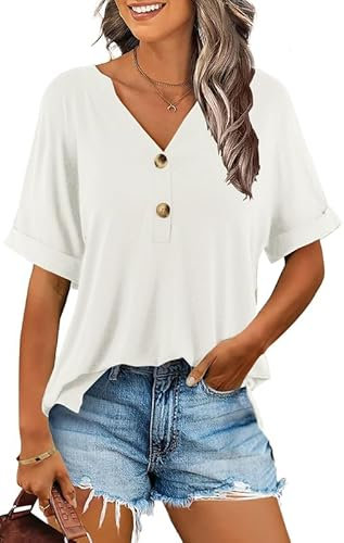 Ritiriko Damen Sommer Elegant Tunika Tops Kurzarm Oberteile Casual Bluse Lässig V-Ausschnitt Lässig Blusen mit Reverskragen Basic Tshirt Weib 2XL