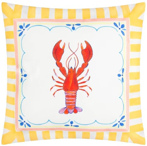 furn. Brunch Stripes Cushion Cover – Reversible Water Resistant Nautical Stripe Coastal Lobster Outdoor Decorative Case (Multicolour - 45x45cm)