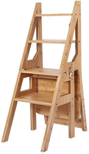 4 Tier Folding Wooden Ladder Chair with Large Capacity Display Shelf Beige