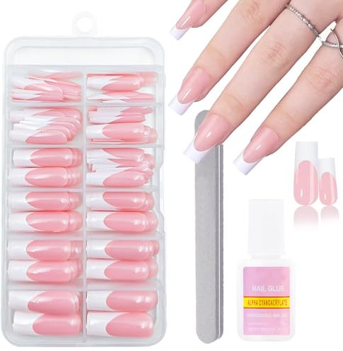 False Nails Set - 120PCS Long Square French Tip False Nails - Pink Color False Nails with Glue - Glossy Full Cover Acrylic French Press on Nails Gifts for Women Girls