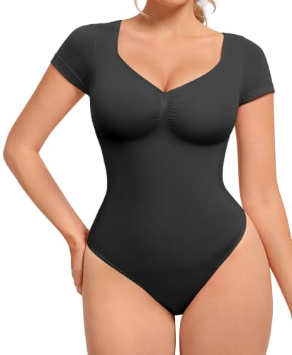 FeelinGirl Short Sleeve V Neck Bodysuit Tummy Control Thong Shapewear | Seamless Shapewear Bodysuit for Women Thong Body Suits Tops