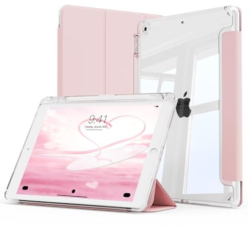 ZOYU Hülle für iPad 9. Generation, iPad 8./7. Generation mit Pencil-Halter, Schlanke Schutzhülle mit Transparenter Rückseite, Auto Wake/Sleep für 10.2 Zoll 2021/2020/2019, Rosa