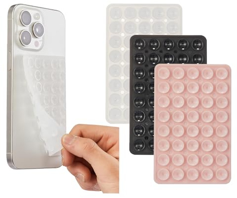 3 Pack Silicone Sticky Grip Holder for Cellphone, Silicone Suction Cup Phone Mount Hands-Free Double Sided Strong Grip Phone Holder for Selfie & Videos, Pink/Black/Transparent
