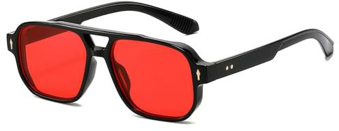 JCTAIFOO Mode Quadratisch Sonnenbrille, Vintage Retro Rechteck Sonnenbrille für Damen Herren, Trendige UV400 Brille (Schwarz/Rot)