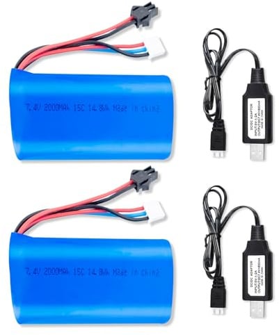 BORSCELLOR 2PCS 7.4V 2000mAh 15C Akku mit SM-2P Anschluss Hochleistungsakkus mit 2 USB Ladegeräten für RC Cars, RC Trucks und RC Boote