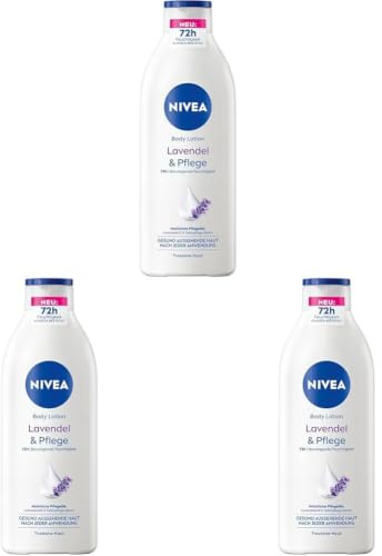 NIVEA Body Lotion Lavendel & Pflege 3er-Set, Körpercreme mit Lavendelduft und Tiefenpflege Serum für 72h Feuchtigkeit, Körperlotion mit Ölen natürlichen Ursprungs (3 x 400 ml)