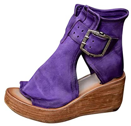 Sandali da donna con plateau, punta aperta, comodi, con zeppa, casual, retrò, con suola spessa, stile gladiatore, con fibbia regolabile, per attività all'aperto, Viola, 36.5 EU