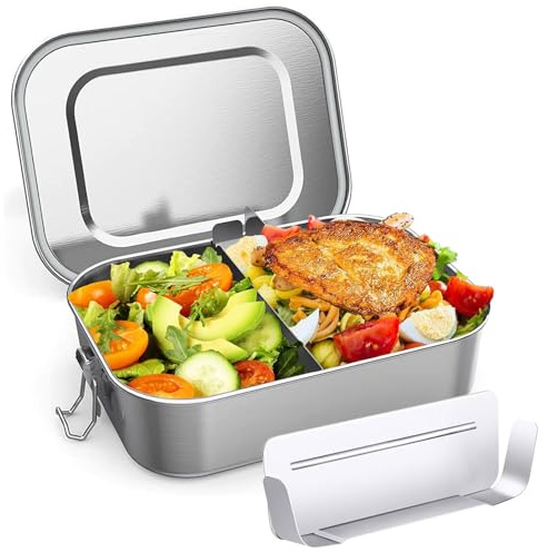 OITUGG Stainless Steel Lunch Box, 850ml Metal Lunch Box for Adults and Kids, with 1pcs Removable Divider, Designed Snap-on Buckles and Silicone Ring Inside Lids, not Microwaves-Safe, 16.5 x 12 x 6cm