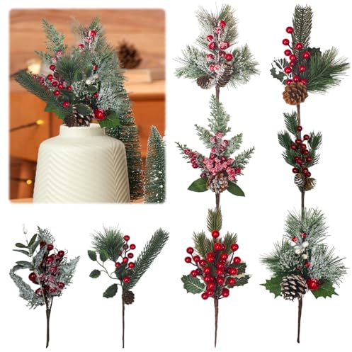8 Stück Künstliche Tannenzweige Kleine Künstliche Rote Beeren Weihnachtsdeko Tannenzweige Tischdeko Weihnachten Mistelzweig Trockenblumen Weihnachten Deko Zweige Weihnachts Deko