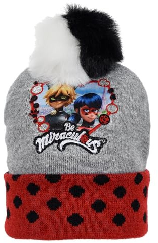 E plus M Ladybug & Cat Noir Kinder Bommelmütze – Wintermütze für Mädchen und Jungen – Größen 52 & 54 – Grau oder Schwarz