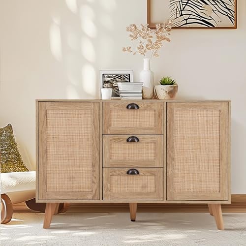 PHI VILLA Rattan Sideboard 120cm breit, Kommoden Wohnzimmer & Schlafzimmer, Boho-Stil Komodenschrank mit 3 Schubladen und 2 Türenfür, Eichenbeige, 120W x 40D x 80H cm