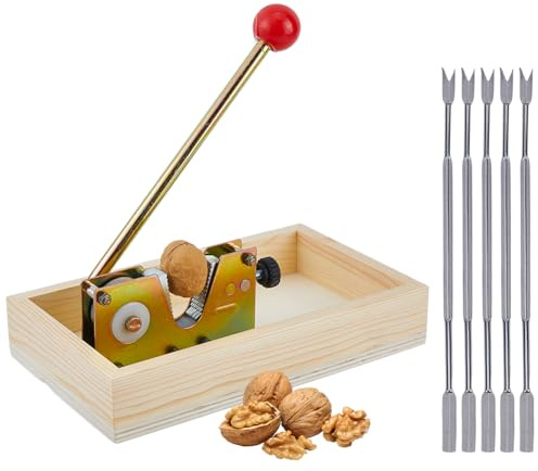 DICOSMETIC Manual Nutcracker Heavy Duty Nuts Cracker with Wooden Base Macadamia Nut Opener Tool Adjustable Nut Tongs Peeling Machine for Hazelnuts Almonds Chestnuts, with 5 Forks
