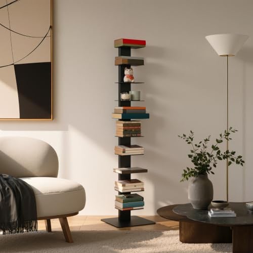 Steelnovo | Beatrice, Libreria Verticale Salvaspazio con 10 Ripiani, Altezza 150 cm, Libreria a Colonna in Acciaio Verniciato Moderna, Scaffale da Terra, Colore Nero, Soggiorno, Studio, Made In Italy