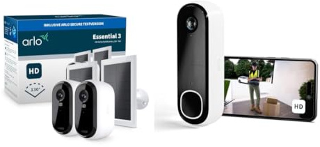 Arlo Essential 3 HD + 2 Panneau Solaire + Sonnette, Caméra de Surveillance WiFi Extérieure sans Fil, Vision Nocturne Couleur, Audio Bidirectionnel, Essai Secure Inclus, 3 Caméras Blanc