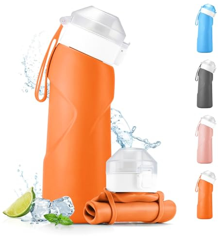 Fancysky Borraccia Pieghevole 700ml, Borraccia Morbida Silicone Senza BPA, Antigoccia, Leggera e Portatile, Bottiglia d'Acqua Pieghevole per Campeggio, Trekking, Sport e Uso Quotidiano (Arancione)