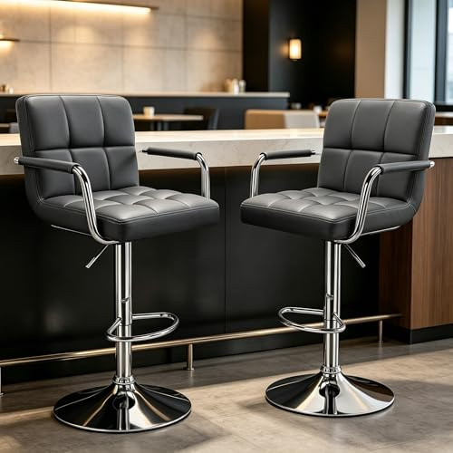 Verdego Barhocker 2er Set, Barstuhl Höhenverstellbar um 20cm, mit Armlehnen, Rückenlehne und Silber Fußstütze, Küchenhocker aus PU-Leder & Stahlgestell, 360°Drehstuhl, Bar Hocker (Dunkelgrau)