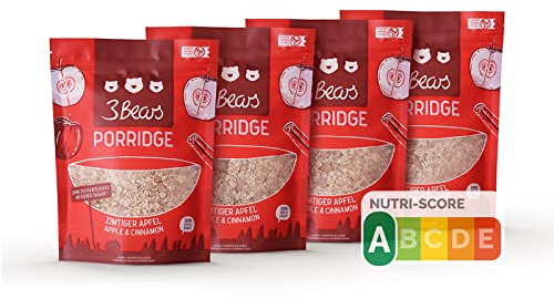3Bears Porridge - Zimtiger Apfel I 4x400g veganes Porridge mit Vollkorn-Haferflocken I Mit rein natürlicher Süße und ohne Zusatzstoffe I auch als Oatmeal, Frühstücksbrei oder Overnight Oats