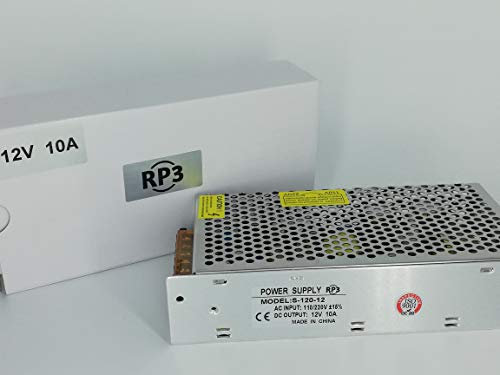 RP3 12V 10A 120W Transformador o Fuente alimentación de Voltage de AC 110V / 220V a 12V para Tira de LED, cámara de Video de vigilancia, Monitor de Seguridad, CCTV y más