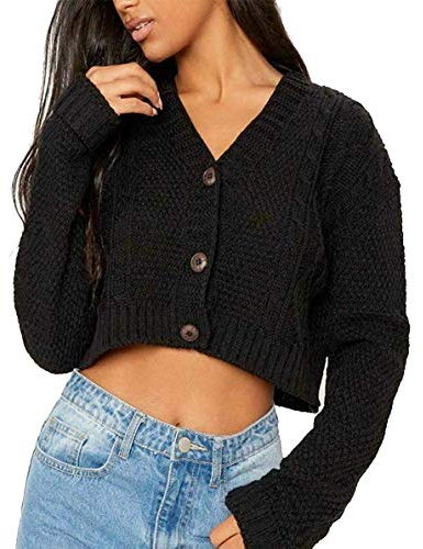 GirlzWalk Women's New Crop Cable Button Open Classic Knit Cropped Cardigan (Black, ML/UK 12-14)