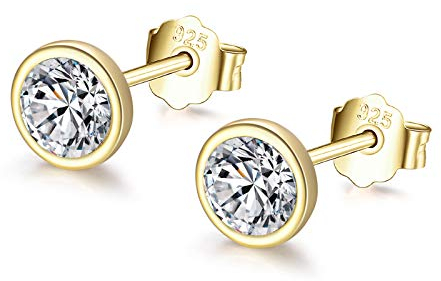 Shuxin Silber Damen Ohrstecker Ohrringe, 925 Sterling Silber Gold Zirkonia Ohrstecker Ohrringe, Silber Unisex 6mm Klein Schlafen Knorpel Ohrstecker mit 5A Zirkonia, Kommt in Schmuck Geschenk Box