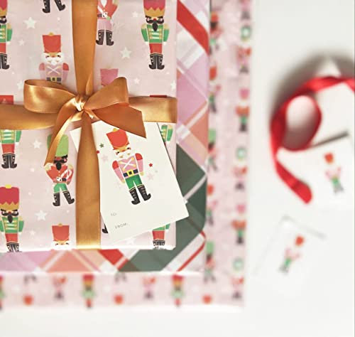 Itsy Belle Studio Christmas Wrapping Paper and Ribbon Set with Tags - Double Sided Wrapping Paper, Christmas Nutcracker + Red and Green Plaid Wrapping Paper Sheets