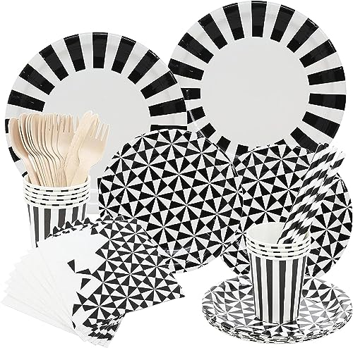 128 Piezas Vajilla De Fiesta,Juego De Vajilla,Con Platos De Papel,Servilletas,Tazas,Pajitas,Para Bodas,Aniversario,Cumpleaños(16 Invitados) (negro)