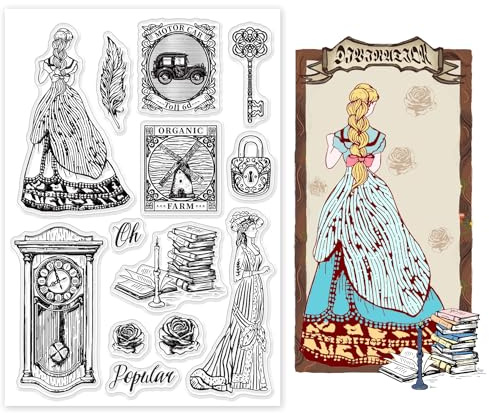 GLOBLELAND Silikonstempel Vintage Klare Stempel Uhr und Elegante Dame Transparentes Stempel Siegel Clear Stamps für Kartenherstellung und DIY Scrapbooking Dekor