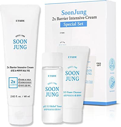 ETUDE Soonjung 2x Barrier Intense Cream Set | 2x Barrier Intensive Cream 2.02fl.oz + Ph 5.5 Relief Toner 0.85 Fl.oz. + Foam Cleanser 0.68 Fl.oz. | Oil And Water Balance Skin Care Moisturizing Cream