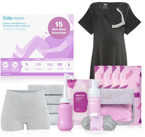 Frida Mom Arbeits-, Liefer- und Postpartum-Kit, All-in-One Arbeit + Postpartum-Essentials, inklusive Schwangerschaftsunterlagen, Peri-Flasche, Muttersocken, Stillmantel, Einweghöschen mit
