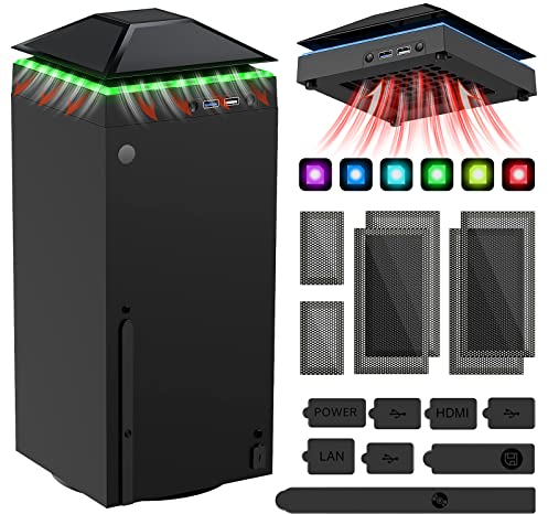 Cooling Fan Dust Proof for Xbox Series X Console with Colorful Light Strip,MENEEA Dust Cover Filter,Rubber Dust Plug,Low Noise Top Fan with 3 Gear,Cooler&Light Independent Touch Switch,2 USB Port,Skin