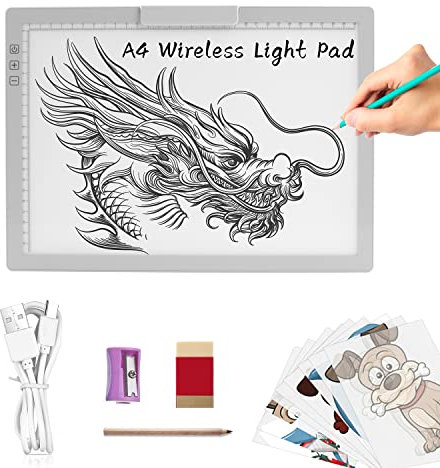 A4 Wireless LED Light Pad with Innovative Stand and Top Clip, TOHETO Rechargeable Battery Powered Light Box Stepless Dimmable 6 Levels Brightness Cordless Light Board for Tracing Weeding Vinyl (Grey)