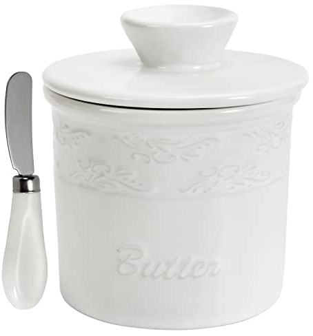 TAOUNOA Buttertopf – Französische Butterdose mit Deckel für Arbeitsplatte, Keramiktopf mit wasserbedecktem Halter für Küche, Weiß