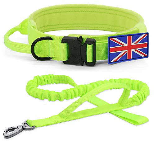 YoothBro K9 Military Dog Collar and Lead Set - Adjustable Nylon Collar with Heavy Duty Metal Buckle for Medium Large Dogs - Fluorescent Green with UK Flag
