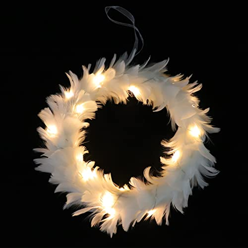 Beaupretty Weißer Federkranz mit Lichtern: 2 Stück Weiße Weihnachtskränze Leuchtende Federgirlande für Weihnachten Haustür Treppe Hängende Dekoration Urlaub Partyzubehör 30 cm