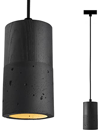 ouglres Schwarz Beton Pendelleuchte,Einflammig Höhenverstellbar Hängelampe,Holz Hängeleuchte Modern,Gu10-5W Warmweiß Esstischlampe,Pendellampe Für Küche Wohnzimmer Schlafzimmer Nachttisch Bar,Gu10