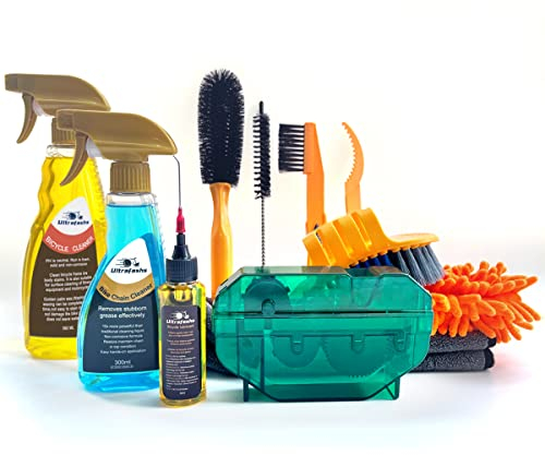 Ultrafashs Bike Cleaner kit,Perfect kit to Clean/Protect/Lube Bicycle,with Chain Scrubber,Cleaning Brush Tool,Bike Cleaner(19oz),Degreaser(10oz),Wet Lubricant(2oz)