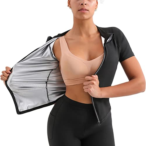 Sauna-Anzugjacke für Damen, Gewichtsverlust, Sauna-Shirt, Taillentrainer, Schweiß, Workout, Top, Fitness, Bodyshaper, Reißverschluss, Schwarz Y5, XX-Large/XXX-Large