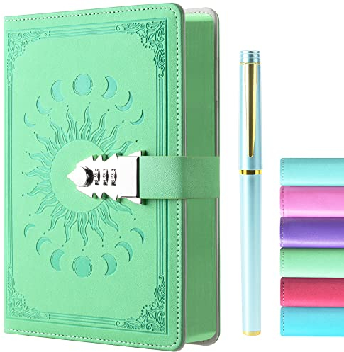 ZXHQ Tagebuch mit Schloss - A5 Notizbuch mit Stift Set, Nachfüllbares Leder Journal mit Buntem Seitenrand für Mädchen, Frauen, Männer und Jugendliche A5 Größe (21x15cm) Grün