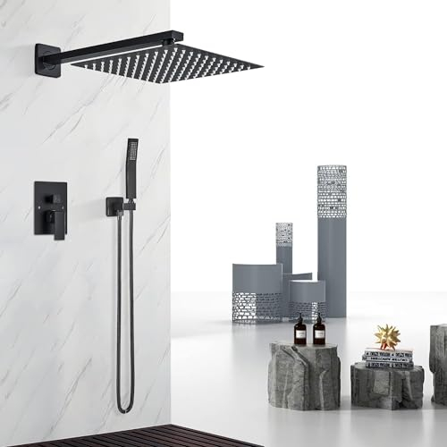 JUNSOTTOR Système de Douche Ensemble de douche mural noir avec mitigeur de douche de 30x30cm Pommeau de Colonne Douche Encastrable Pluie Set de Douche avec Pommeau de Douche douchette à main de luxe