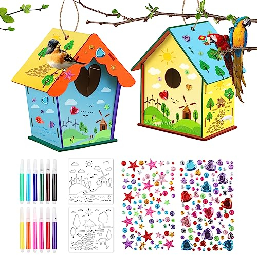 Lot de 2 petites maisons à oiseaux en bois faites à la main - Kit de bricolage créatif - Maison à oiseaux à peindre - Bricolage en bois - Kit de bricolage pour enfants - Créatif pour filles - Cadeau
