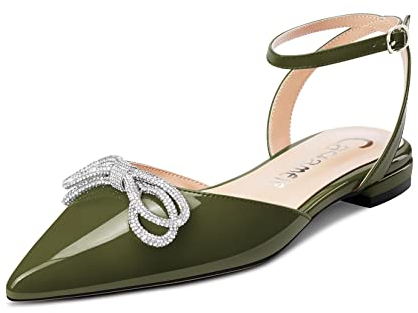 Castamere Mujer Bajos Heel Puntiaguada Punta Correa Tobillo Zapatos Planos Pumps Diamante Cristal Baile Fiesta 1 CM Heels Verde Oscuro 41 EU