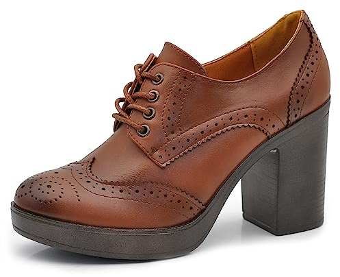 IF Fashion IF146 - Zapatos de mujer con cordones y bordado de tacón grueso de piel sintética, 354 4 Marrón, 39 EU