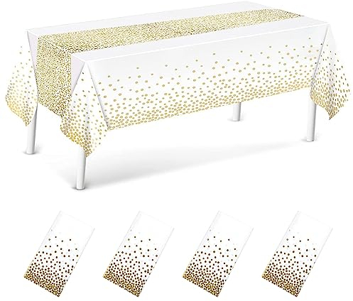 Ruikdly 4 Stück Weiß und Gold Party Tischdecken Wasserdicht Einweg Tischdecke Tischdecke Bierzeltgarnitur 137 x 274 cm Rechteckig Tischtuch Geeignet für Party, Kindergeburtstag, Hochzeit, Weihnachten
