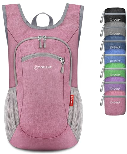 ZOMAKE Kleiner Leichter Rucksäcke 10L Mini Day Bag für Wandern Reisen und Städtetrips,Faltbarer Rucksack für Damen Herren Kinder und Jugendliche(Rosa)