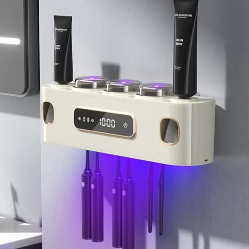 Halter für UV-Zahnbürsten-Desinfektionsmittel, UV Desinfektions Zahnbürstenhalter mit Trocknen, mit 2 Wand Badezimmer Automatischer Zahnpastaspender, LED-Touchscreen, 6 Zahnbürstenfächern-Beige