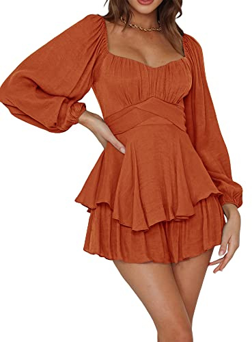 Springcmy Women Puff Sleeve Square Neck Romper Dress Off Shoulder Ruffle Shorts Smocked Layered Flowy A Line MiniBeach Swing Dress Sundress (C-Brown, L)