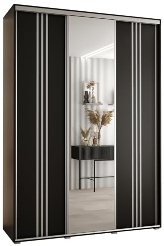 MEBLE KRYSPOL Davos 7 200 Schlafzimmerschrank mit DREI Schiebetüren - Moderner Aufbewahrungsschrank mit Spiegel, Kleiderstange und Regalen - 235,2x200x45 cm - Schwarz Schwarz Silber